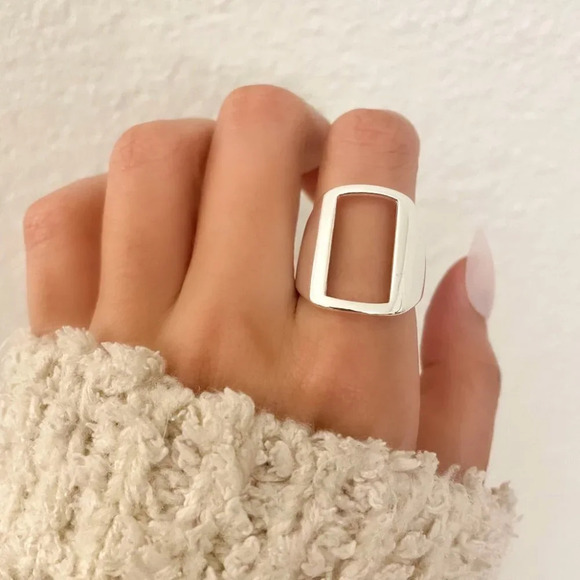 925 Sterling Silver Chunky Rectangle Ring Thick Bold Ring Large Statement Ring - Picture 4 of 9